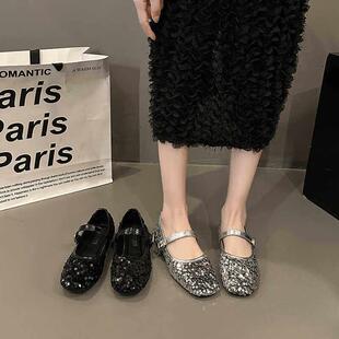 新款 女2026春季 配裙子平底一字0317r 仙女风银色亮片玛丽珍鞋 法式
