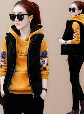 运动套装女秋冬中老年百搭新款连帽卫衣马甲三件套服休1204h