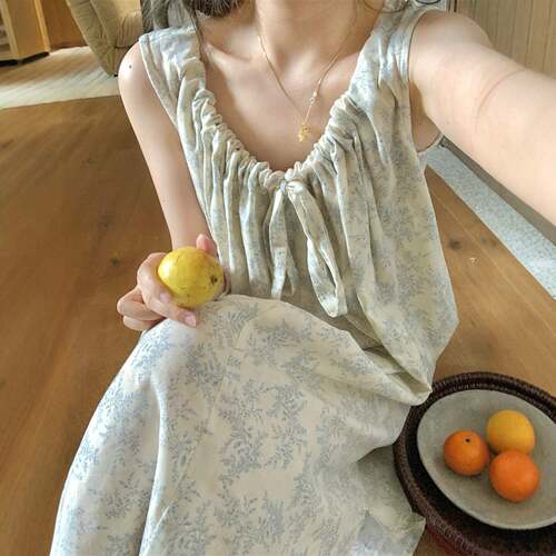 法式复古风花圆领吊带睡裙女夏季2026新款吊带裙家居服0526e1