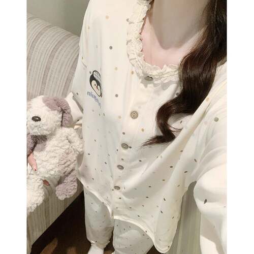 长袖睡衣女秋款春冬加厚字母企鹅花边开衫甜酷少家居服套装0917e