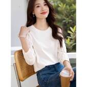 白色圆领长袖 上衣女2026年春秋新款 拼接蕾丝镂空百搭洋气T恤0201e