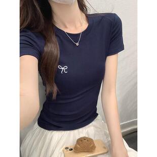 打底衫 正肩短袖 刺绣修身 t恤女夏新款 辣妹洋气0730d 蝴蝶结圆领时尚
