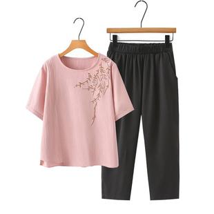 套装 T恤休闲两件套装 洋气上衣中老年女装 短袖 0722d 夏季 胖妈妈夏装