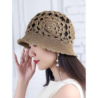 春季夏季帽子新手工薄钩花镂空包头透气单层花朵女士时尚针0130ed