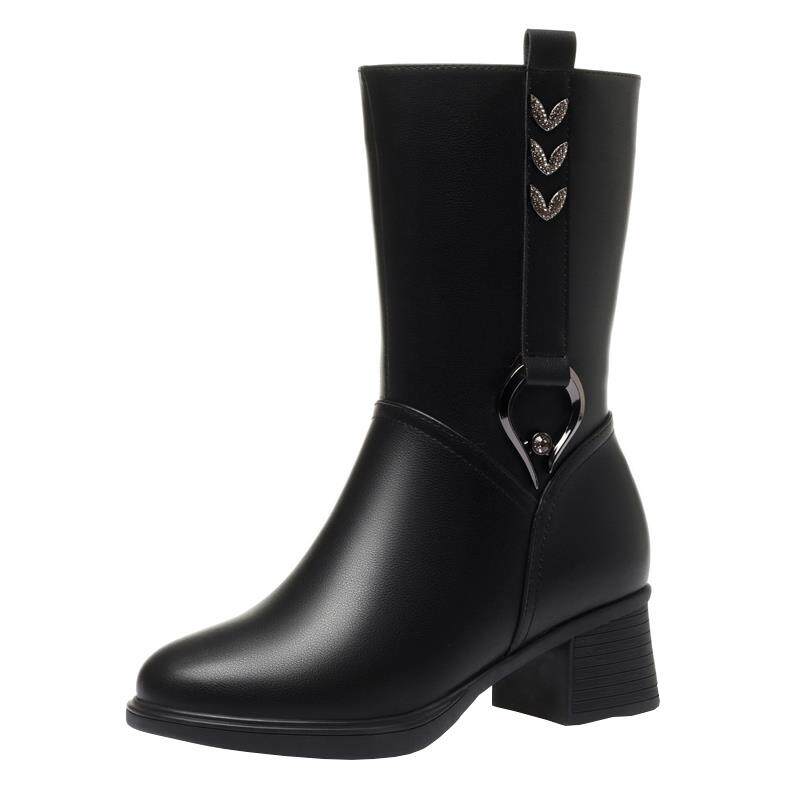 秋冬加绒软底粗跟中筒靴妈妈鞋靴子中老年婆婆鞋皮鞋女鞋1029h