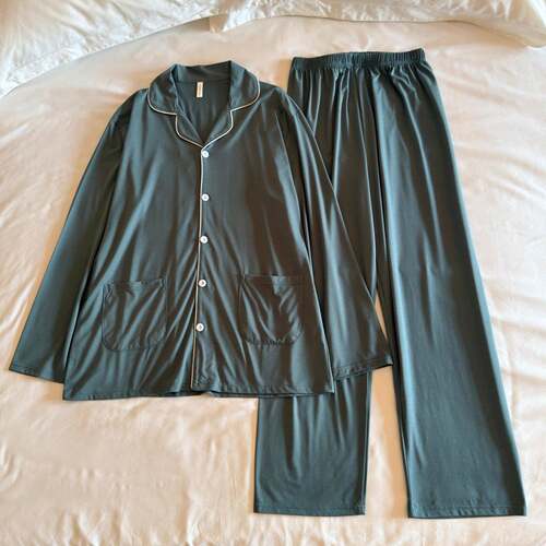 长袖睡衣女秋男士春翻领家居服套装高级感简约松绿休闲可外0917e