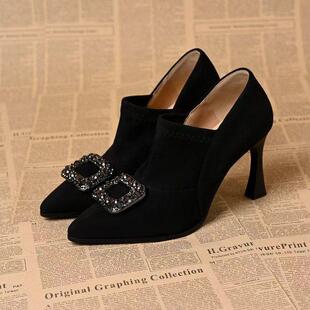 秋冬水钻方扣深口单鞋不累脚高跟职业优雅女鞋黑色尖头绒面1224u