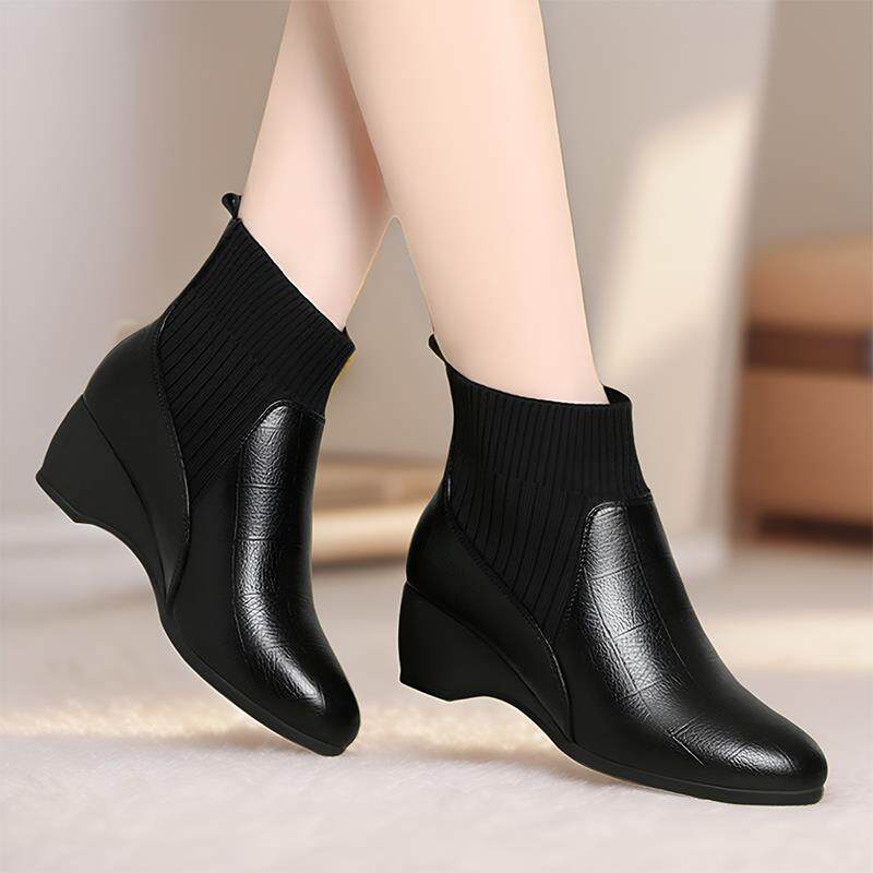 坡跟短靴女2025新款中老年女鞋加绒皮鞋大码妈妈鞋子秋冬瘦1029h