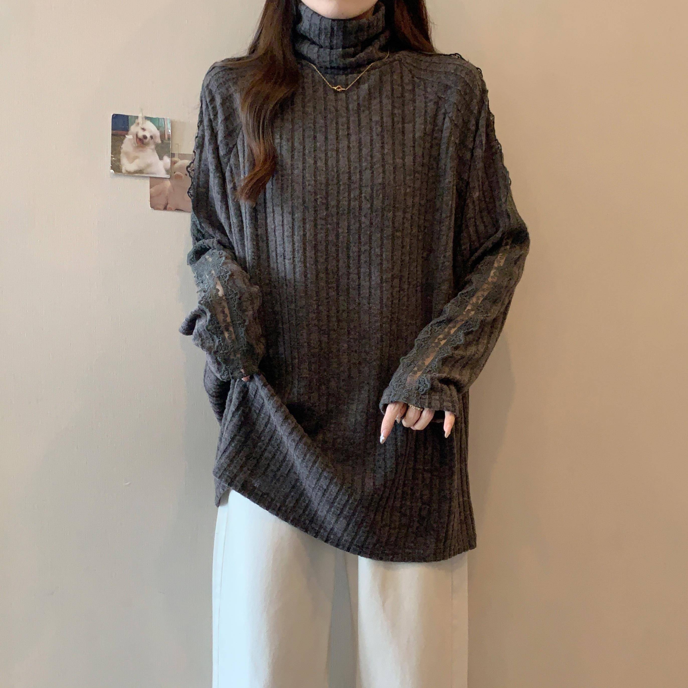 大码内搭高领蕾丝拼接长袖打底衫女秋冬胖MM宽松遮肉条针织0928e