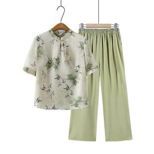 中老年女装 洋气小衫 夏季 新中式 0722d 妈妈夏装 T恤休闲两件套装 中袖