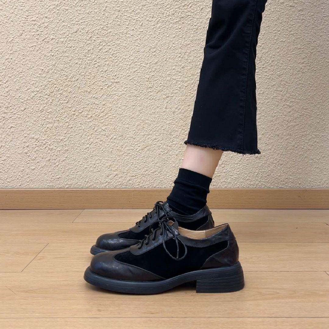 英伦风复古厚底系带小皮鞋女春秋方头粗跟百搭乐福鞋运动风0227r