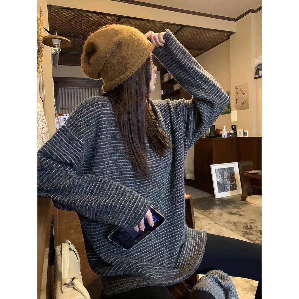 磨毛绒加厚条纹长袖T恤女2026春季新款慵懒风宽松内搭打底上0124e,女装/女士精品,毛针织衫,淘宝优惠券,粉丝福利购,淘宝优惠卷