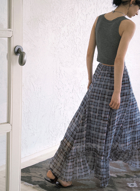 相对纶/木耳边复古大摆伞裙格纹A字雪纺半身长裙