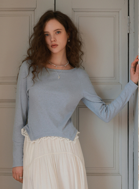 相对纶/一字领蕾丝花边收腰设计感蓝色棉长袖春款女式韩风T恤