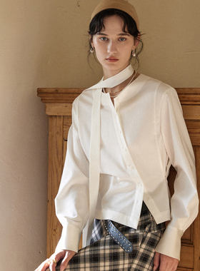 相对纶/掐腰显身材/特厚莱赛尔两穿式飘带短款法式大方气质白衬衫