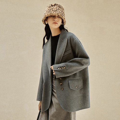 休闲宽松双面呢西装领短外套