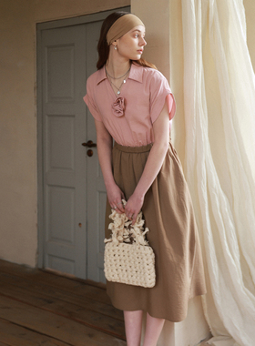 相对纶/粉咖撞色假两件/花朵可脱卸/短袖松紧腰连衣裙