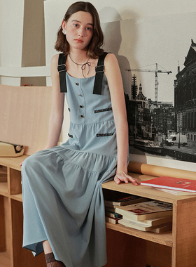 相对纶/小香风醋酸背带连衣裙|2025度假风浅蓝色吊带高腰长裙