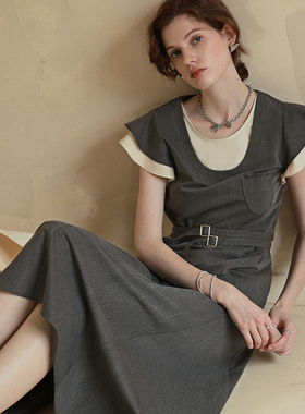 相对纶/盐甜假两件抗皱连衣裙 荷叶袖双腰带法式气质小众设计师