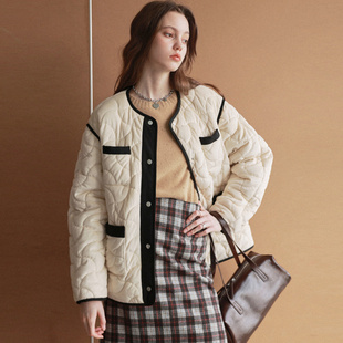 新款 相对纶 冬季 棉衣 加厚保暖百搭外套 丝绒泡芙小香风撞色短款