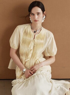 相对纶/鱼鳞褶亚麻系带黄色宽松长袖衬衫法式浪漫慵懒松弛感上衣