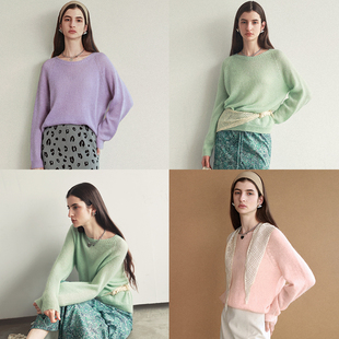 慵懒松弛感毛线衣秋冬中长款 相对纶 圆领套头宽松马海毛彩色毛衣
