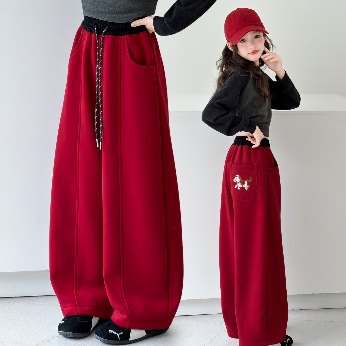 女童红色加绒阔腿裤冬季保暖松紧腰长裤加厚裤子中大童宽松本命年,童装/婴儿装/亲子装,裤子,淘宝优惠券,粉丝福利购,淘宝优惠卷