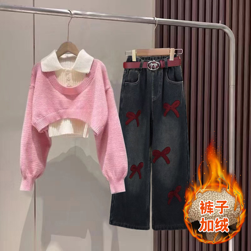 女童毛衣秋冬加绒加厚针织衫POLO领真两件毛衣套装韩版牛仔阔腿裤