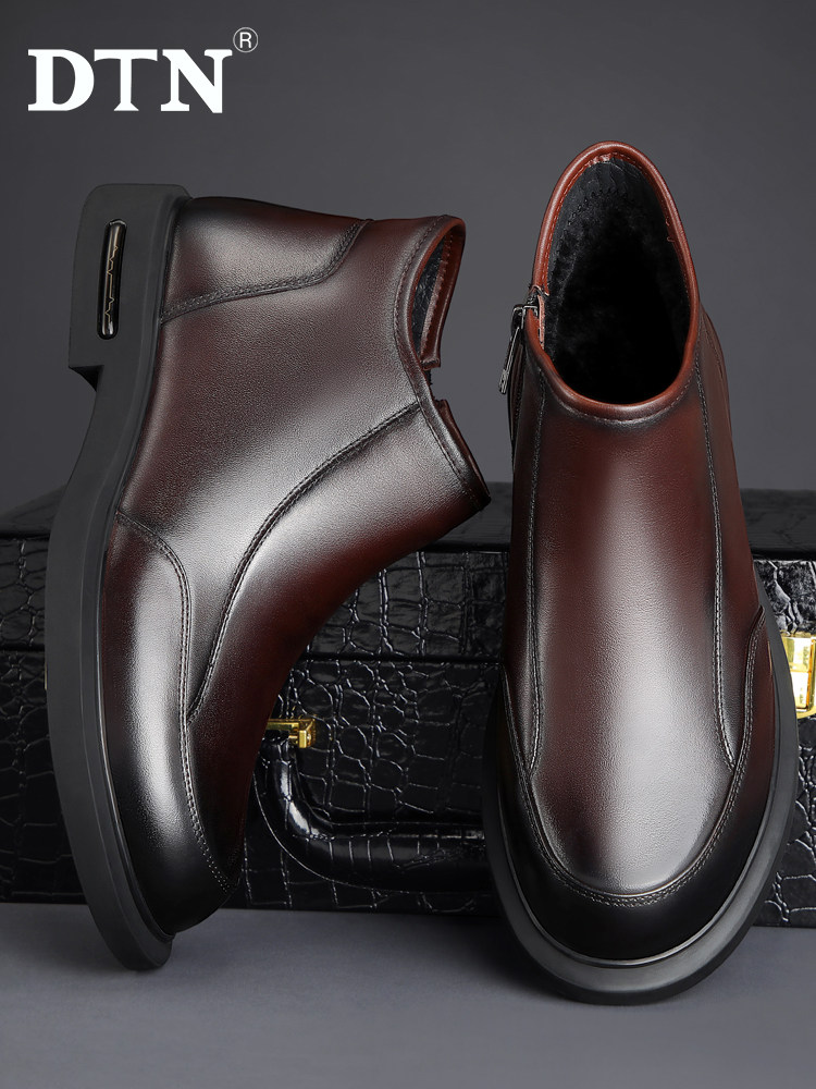DTN2024 WINTER BOOTS MENS LEATHER VELVET WARM COTTON BOOTS CASUAL COTTON SHOES HIGH TOP MENS CHELSEA BOOTIES