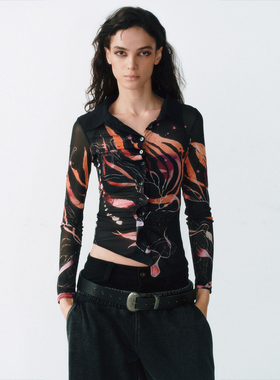 LUCENCY AW25 网纱印花衬衫 不对称花边门襟通勤百搭上衣