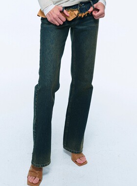 LUCENCY 美式复古做旧可拆卸腰头经典直筒牛仔裤深蓝/棕蓝