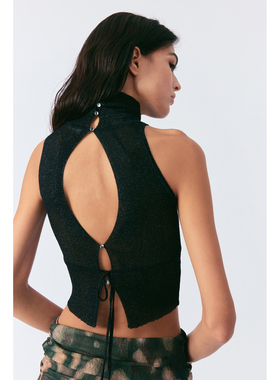 LUCENCY 25春夏轻薄露背镂空后背系扣高领针织背心