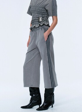 LUCENCY 花边腰头微喇卫裤做旧水洗八分梅紫 / 铁灰 / 咖啡显个性