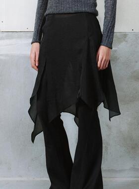 LUCENCY 24秋冬半透纱质不规则下摆百搭荷叶褶边罩裙半身裙