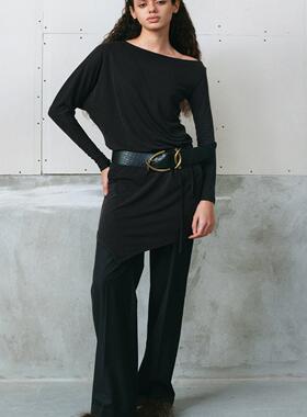 LUCENCY 24秋冬圆领长袖剪裁不规则分割系绳收腰连衣裙