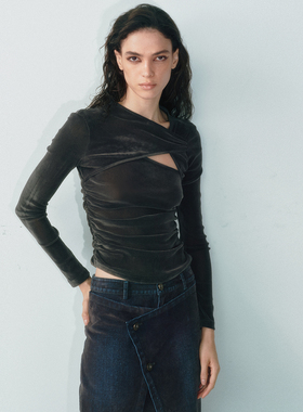 LUCENCY25AW  镂空抽皱半高领网纱植绒长袖T恤解锁秋冬温柔感内搭