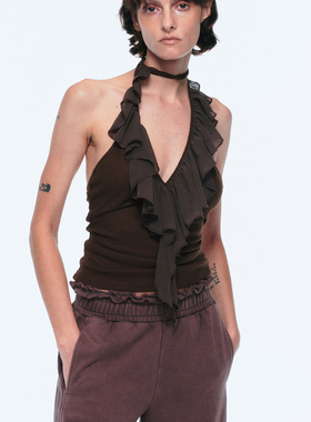 LUCENCY 25春夏花边V领露背设计感时尚百搭小众挂脖背心