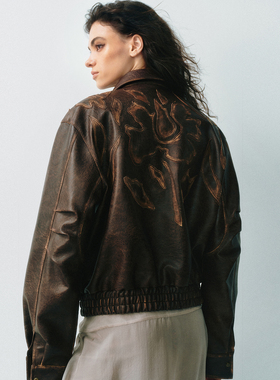 LUCENCY25AW 环保皮夹克 秋冬新品 图案拼接做旧短款必入