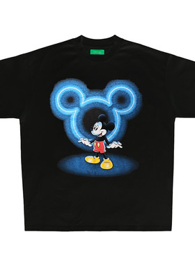 VINTAGE 霓虹灯米奇复古卡通国潮重磅宽松小领口纯棉短袖