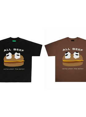 国潮情侣CPFM麦当劳联名风格汉堡小领口纯棉重磅宽松短袖T恤