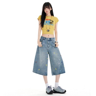2026新款女装绣花时尚七分牛仔短裤女夏宽松潮牌个性五分裤子显瘦