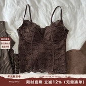 棕色蕾丝保暖吊带背心内衣女自带胸垫内搭可外穿细肩带打底衫 上衣
