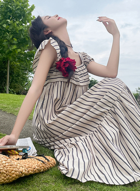 爆款现货 2024夏季新款条纹棉麻连衣裙C022-9096-P130-K188