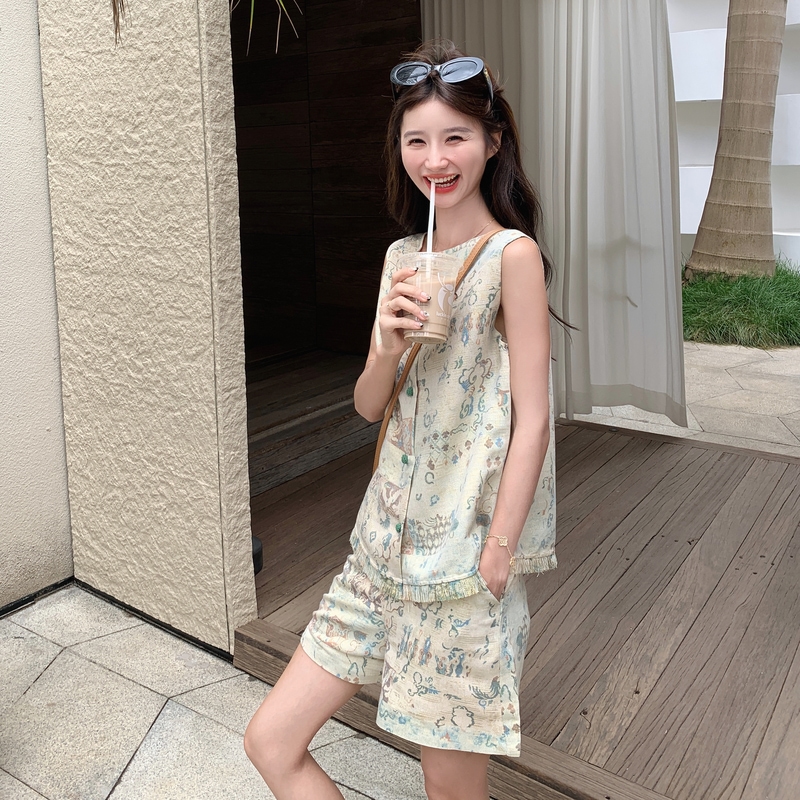新中式国风印花流苏马甲套装女2025夏季复古小个子阔腿短裤两件套