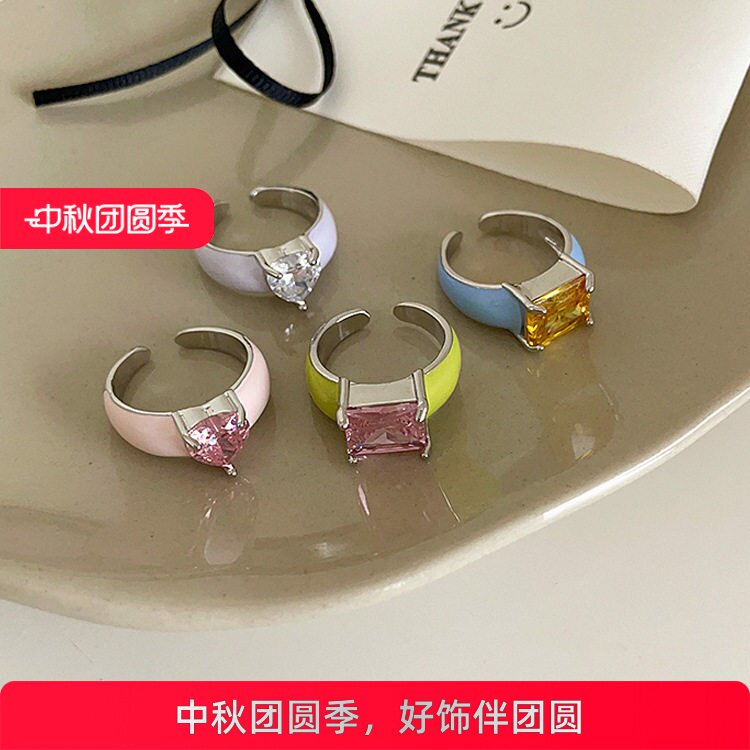 彩色锆石滴油爱心开口戒指女韩国小众复古个性简约百搭气质指环