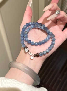 天然蓝晶石双圈水晶手链女简约温柔精致款白水晶手串送朋友礼物