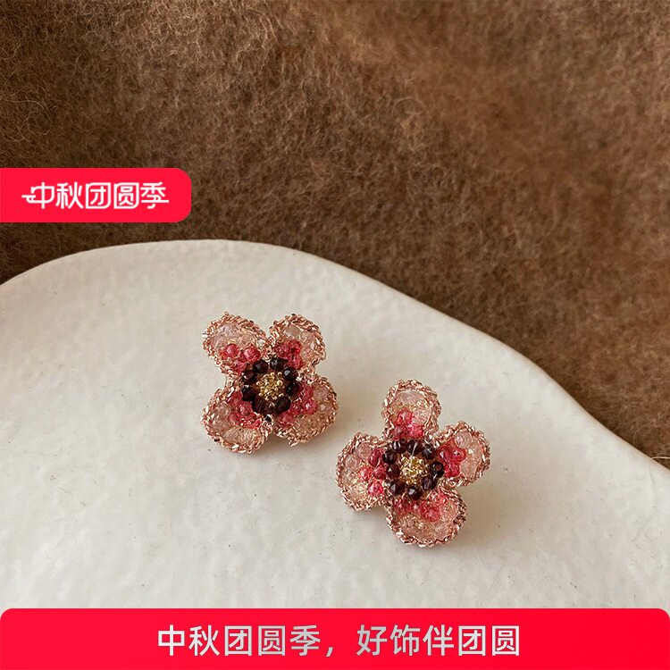 小众设计感粉色锆石水晶花朵耳钉女韩国复古个性百搭气质耳环耳饰