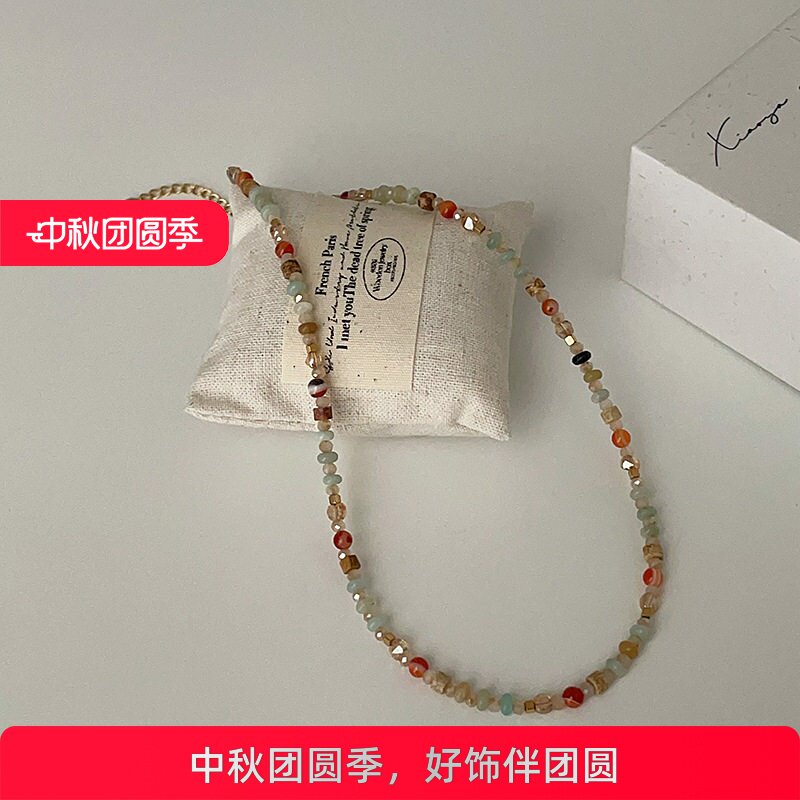 夏季多巴胺彩色天然石水晶串珠项链女小众设计感百搭颈链锁骨链