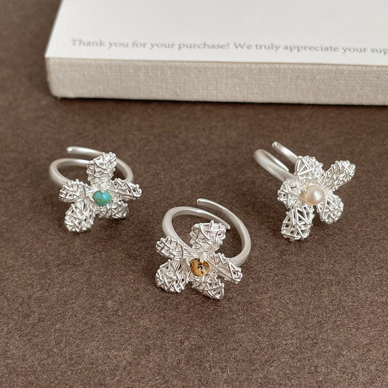 设计感缕空编织金属花朵珍珠天然石戒指女小众个性时尚指环戒子