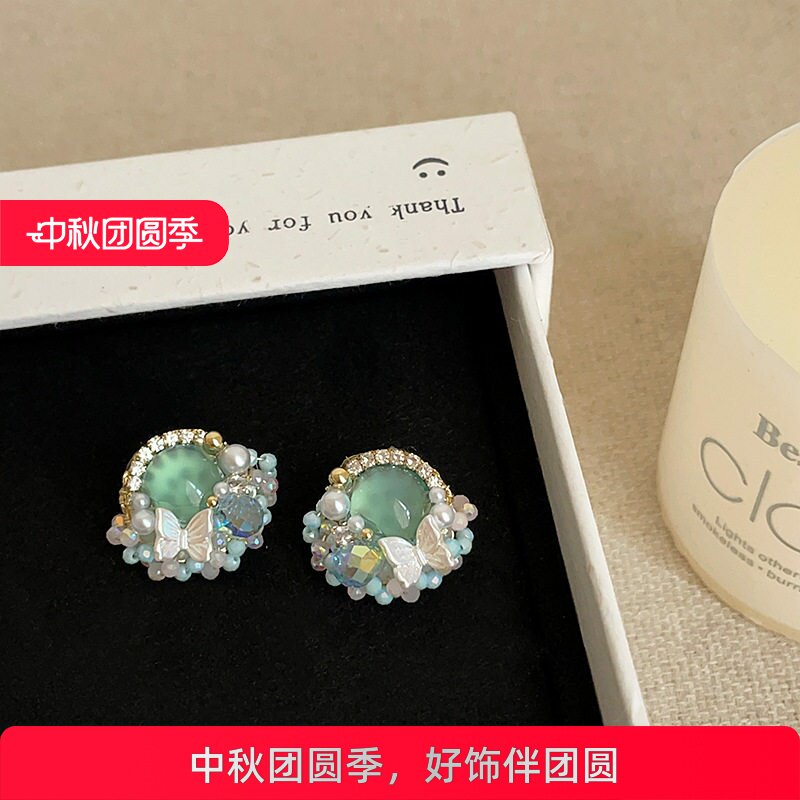 轻奢重工绿色猫眼石花簇蝴蝶耳钉女复古民族风气质百搭耳环耳饰